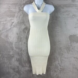 Andrea Adamo Ribbed Halter Dress‎ Womens Size XS White Bodycon Midi Stretch